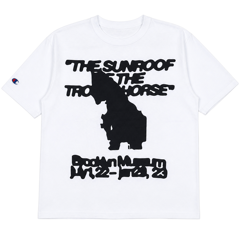 #Champion t-shirt with blurred Figures of Speech front graphic. The Sunroof Of The #Trojan Horse back graphic with #exhibition dates and Brooklyn Museum #logo.
Details: Fluorescent green Abloh tag
Material: 100% #cotton. Brand new with tag 1