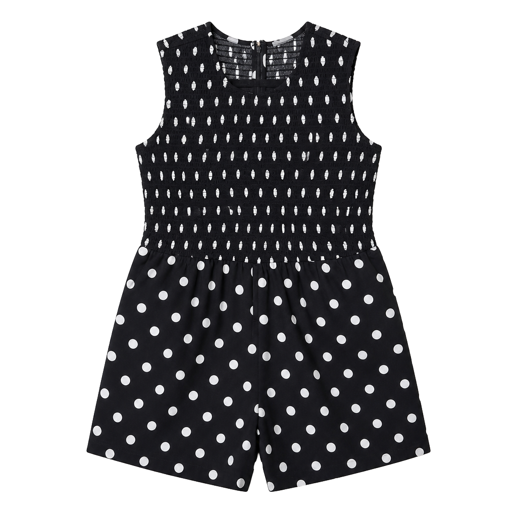 Calvin Klein Polka Dot Smocked Romper Size 14 Black White Sleeveless 1