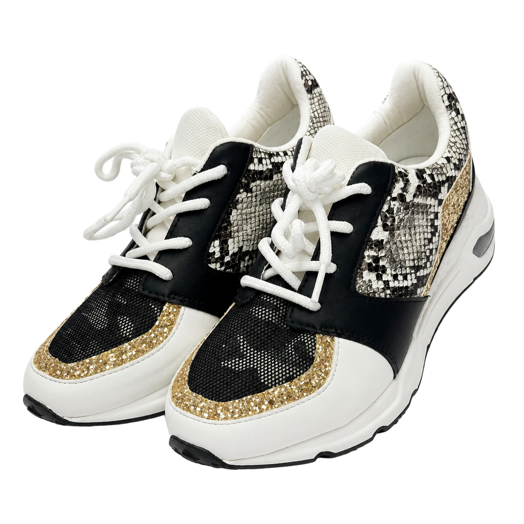 Steve Madden Cliff Barra Fashion Wedge Sneakers Black Gold Multi Lace Sequin 1