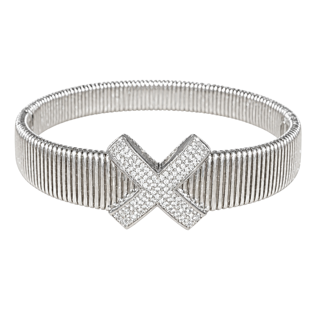 High End Silver Plated Ribbed Cuff Bangle Bracelet Pavé VVS CZ Crystal 1