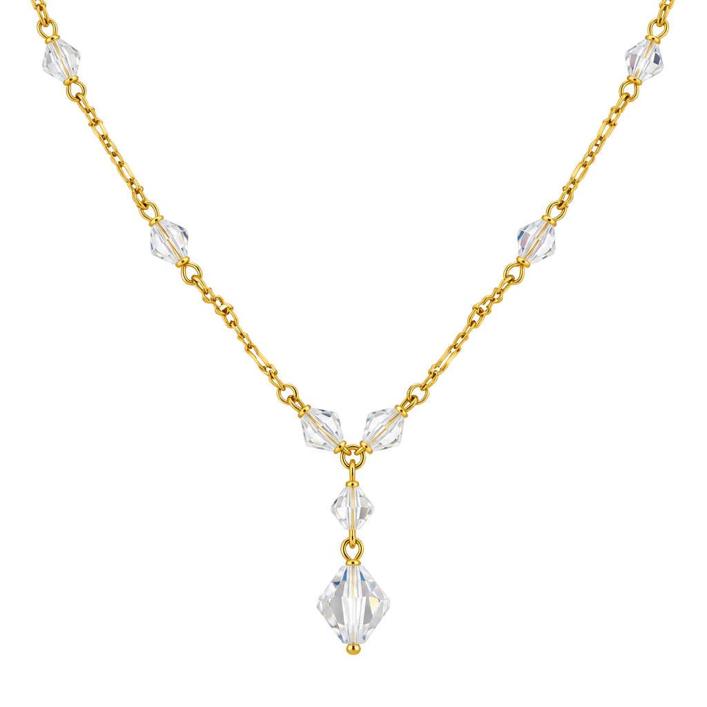Vintage Gold Tone Figaro Chain Necklace With Clear Crystals Made In Korea 1