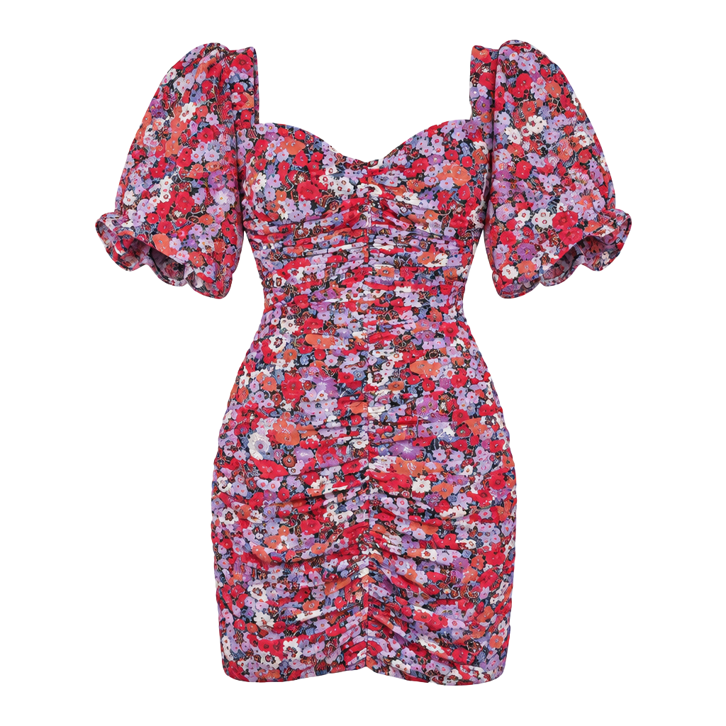 Zara Ruched Mini Dress Size XS Floral Puff Sleeve 1
