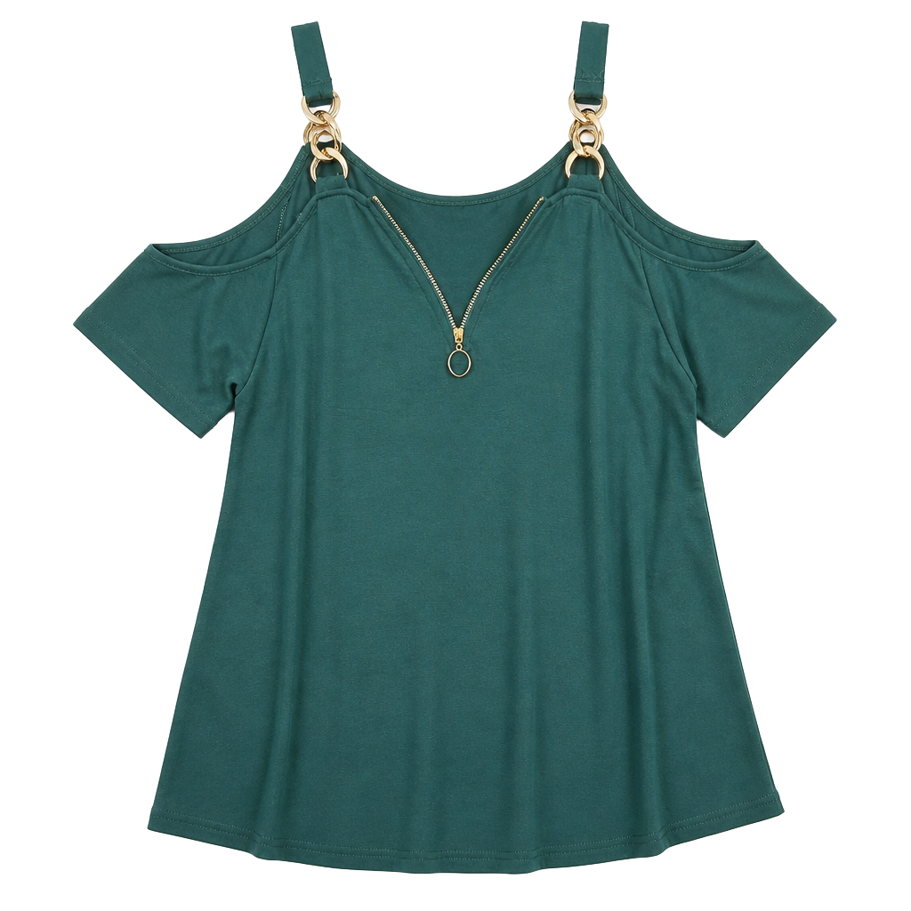SHEIN CURVE Plus Size Cold Shoulder Chain Strap Zipper Front Top, 5XL 1