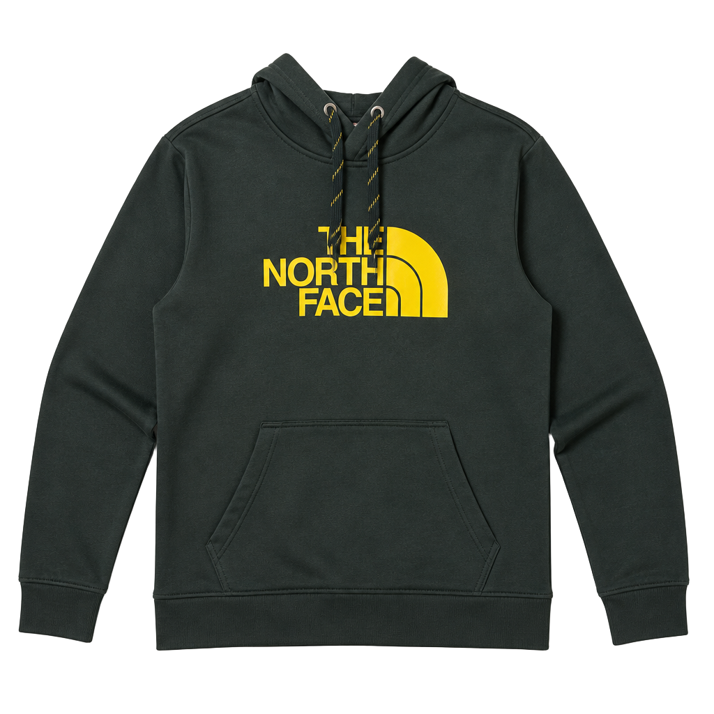 The North Face Men's Half Dome Pullover Hoodie in Dark Green with Yellow Logo 1