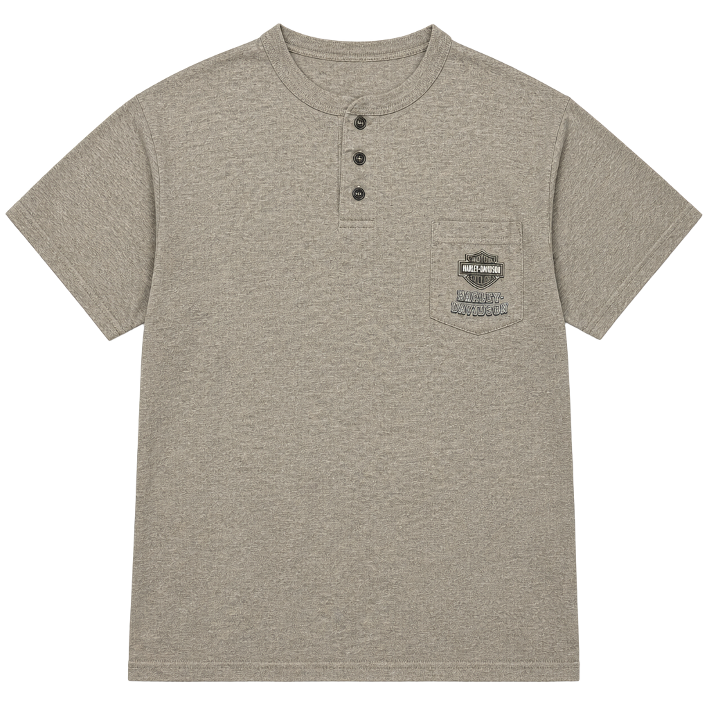 Vintage Harley-Davidson Benson Muncie, IN - Gray Henley Houlobek Pocket T-Shirt 1