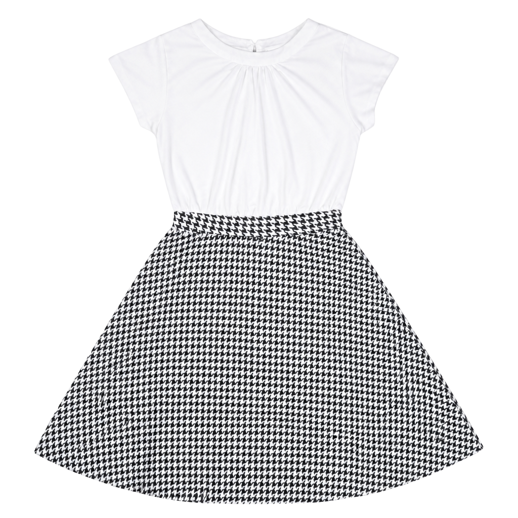 LARK + GREY White Short Sleeve Bodice Houndstooth Skater Dress 1