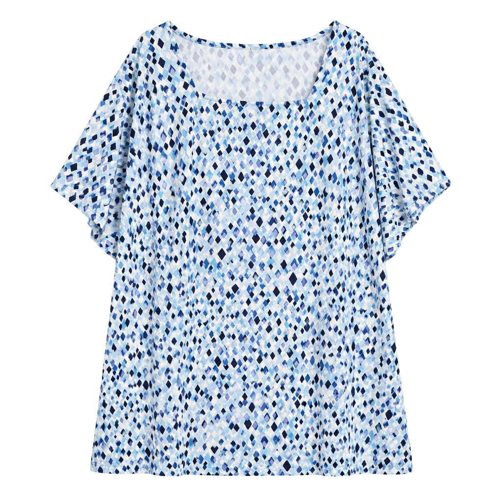 Susan Graver Geometric Diamond Print Short Sleeve Top Size 5X Blue 1