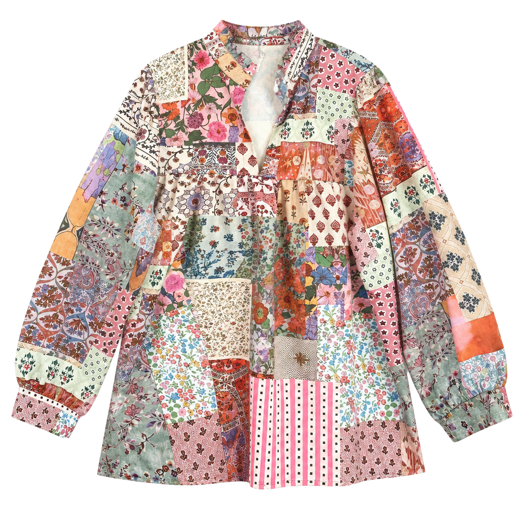 Multicolor Patchwork Print Long Sleeve Boho Blouse Top 1