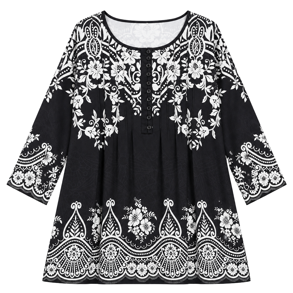 Black White Floral Paisley Tunic Plus 3XL Pleated Button Front Top 1