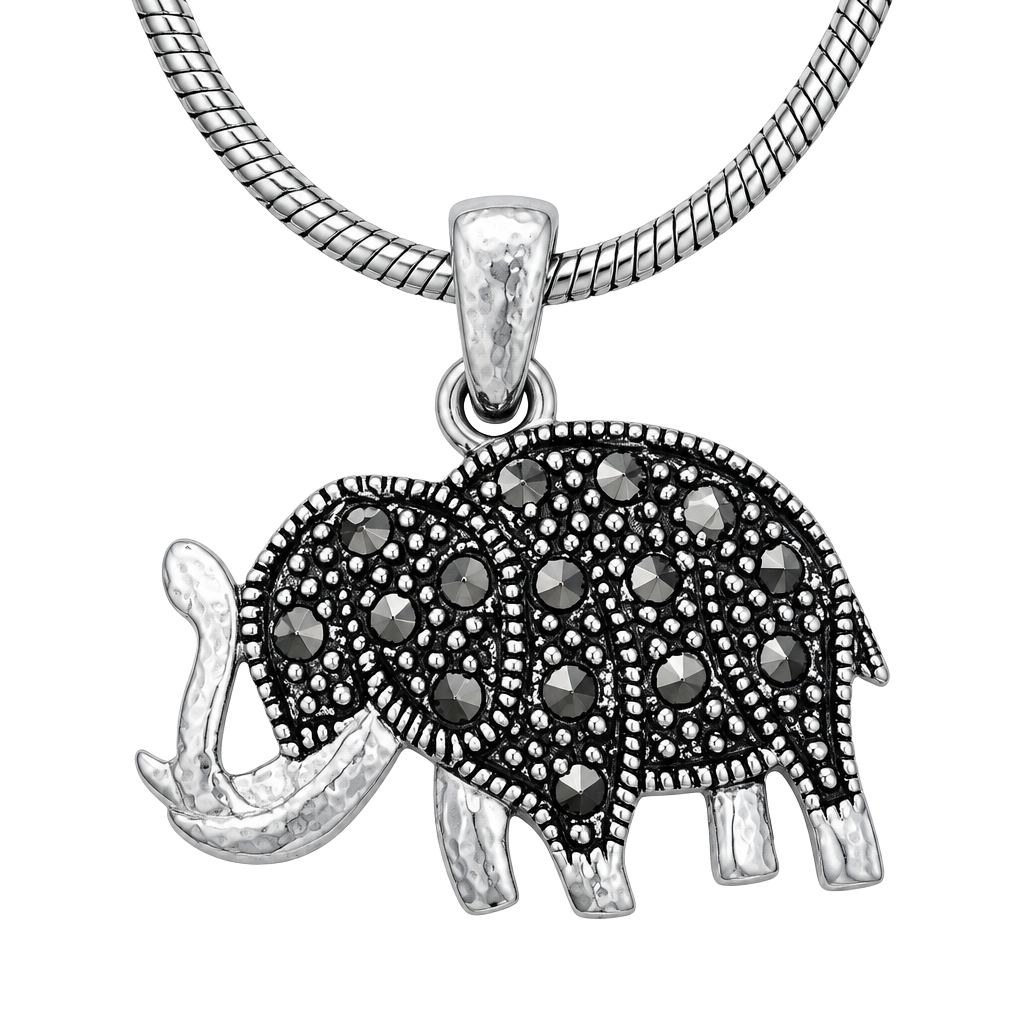 925 Sterling Silver Marcasite Elephant Charm Snake Chain Bracelet Vintage 1