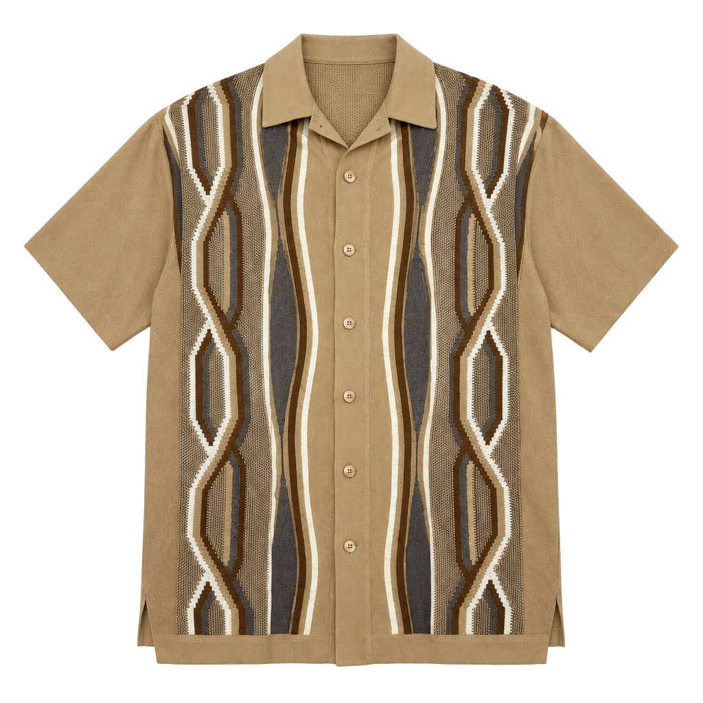 Stacy Adams Men's Tan Geometric Knit Short Sleeve Button-Up Shirt Size 2XL 1