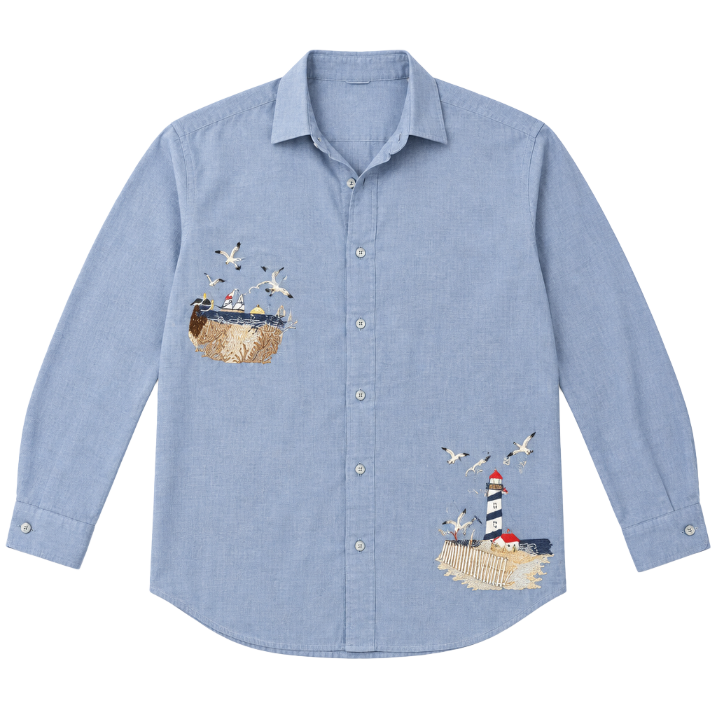 Embroidered Lighthouse Beach Button Down Shirt Blue
Size L
Cottage
Coastal 1