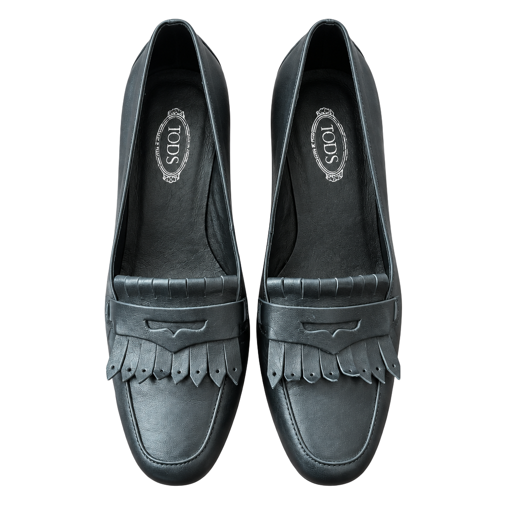Tod's Black Leather Kiltie Penny Loafer Heels Size 39 1