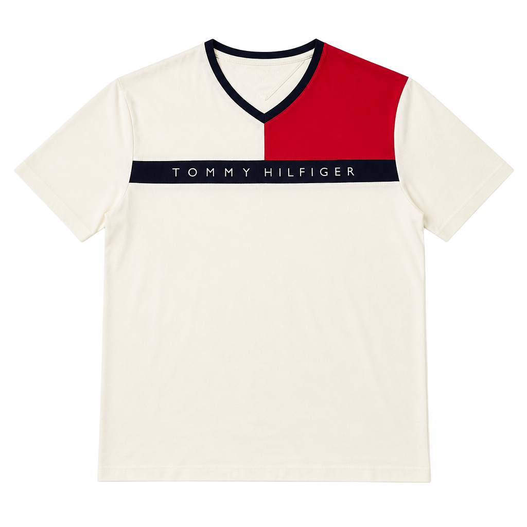 Tommy Hilfiger Men's Colorblock Flag Stripe Logo V-Neck T-Shirt 1