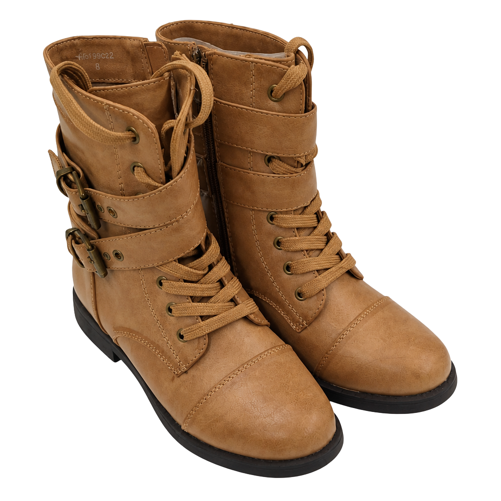Brown Lace-Up Ankle Boots with Zipper and Buckle 1