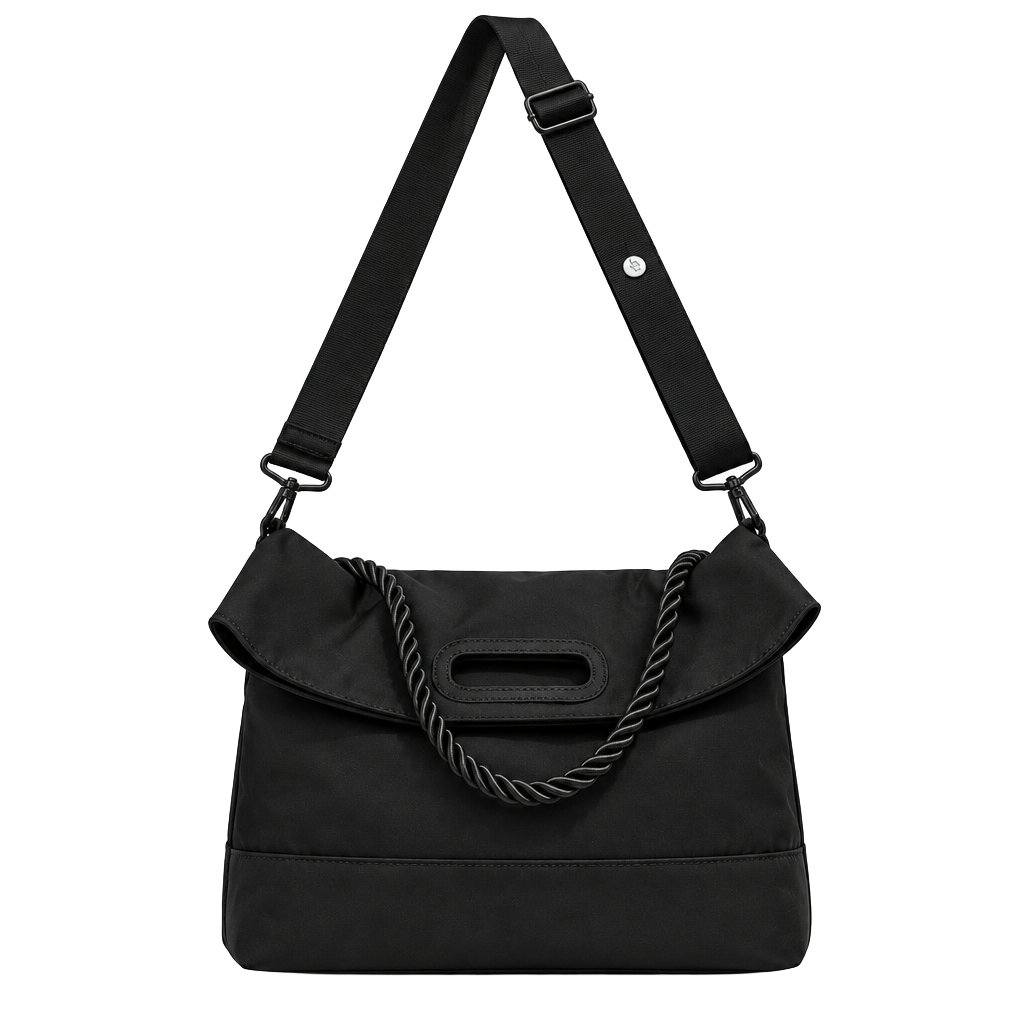 Black Nylon Crossbody Bag with Twisted Rope Handle and Adjustable Strap 1