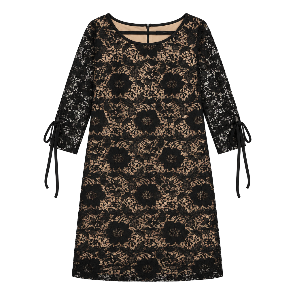 Karin Stevens Lace Dress Size 16 Black Nude Floral Bow Sleeve 1