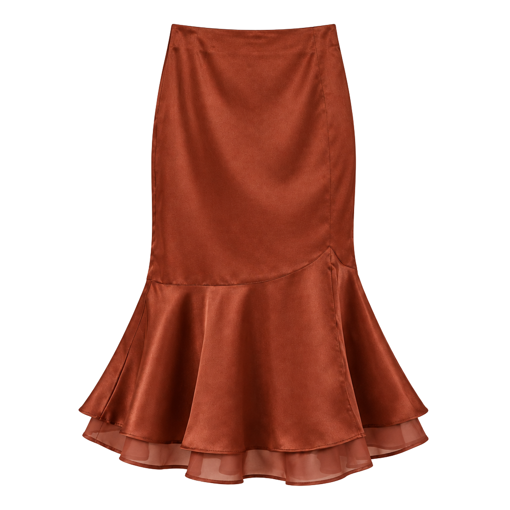 DERAX Satin Midi Mermaid Skirt Size L Brown Red Fishtail Ruffled 1