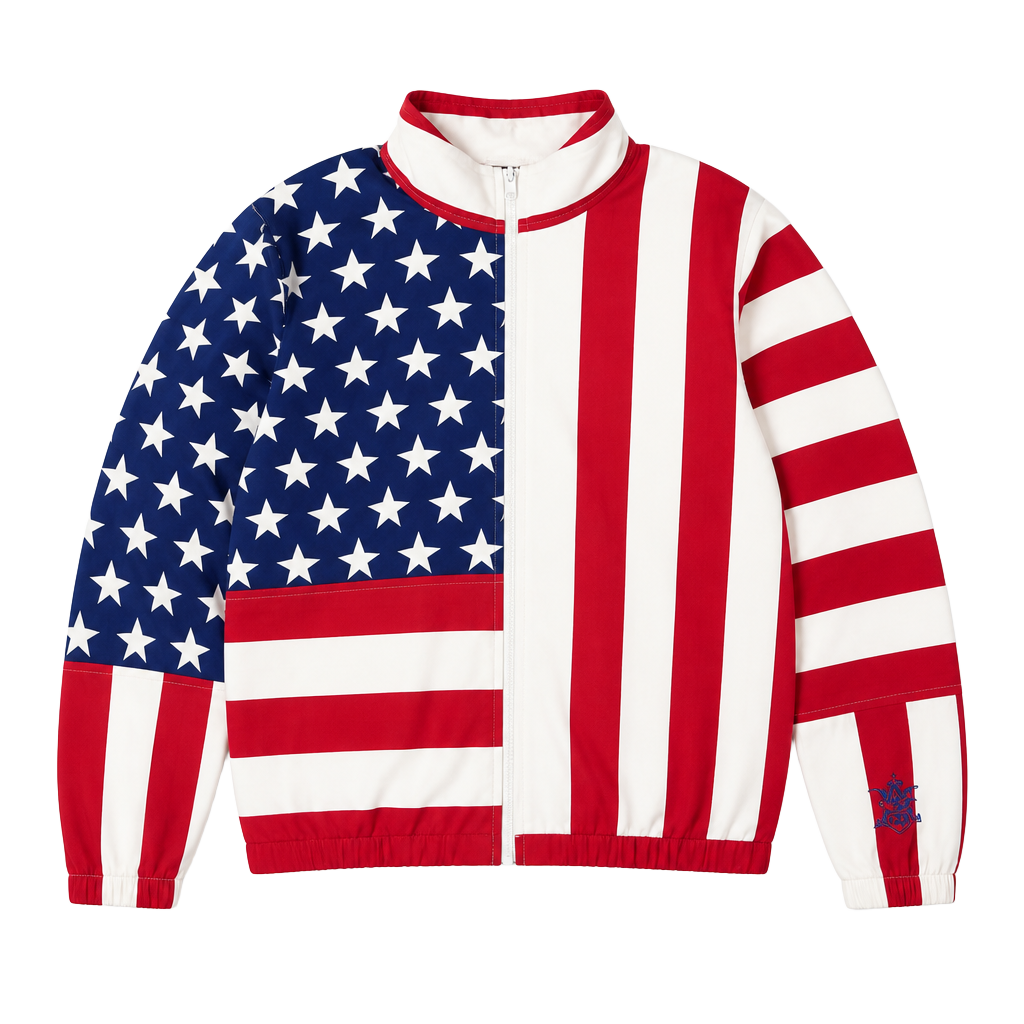 Carabella Collection Vintage American Flag Print Zip-Up Bomber Jacket 1