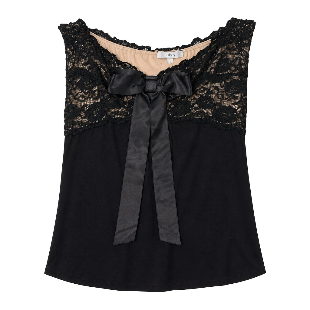 Sky Lingerie Women's Black Babydoll Chemise with Lace Overlay and Satin Bow Detail 1