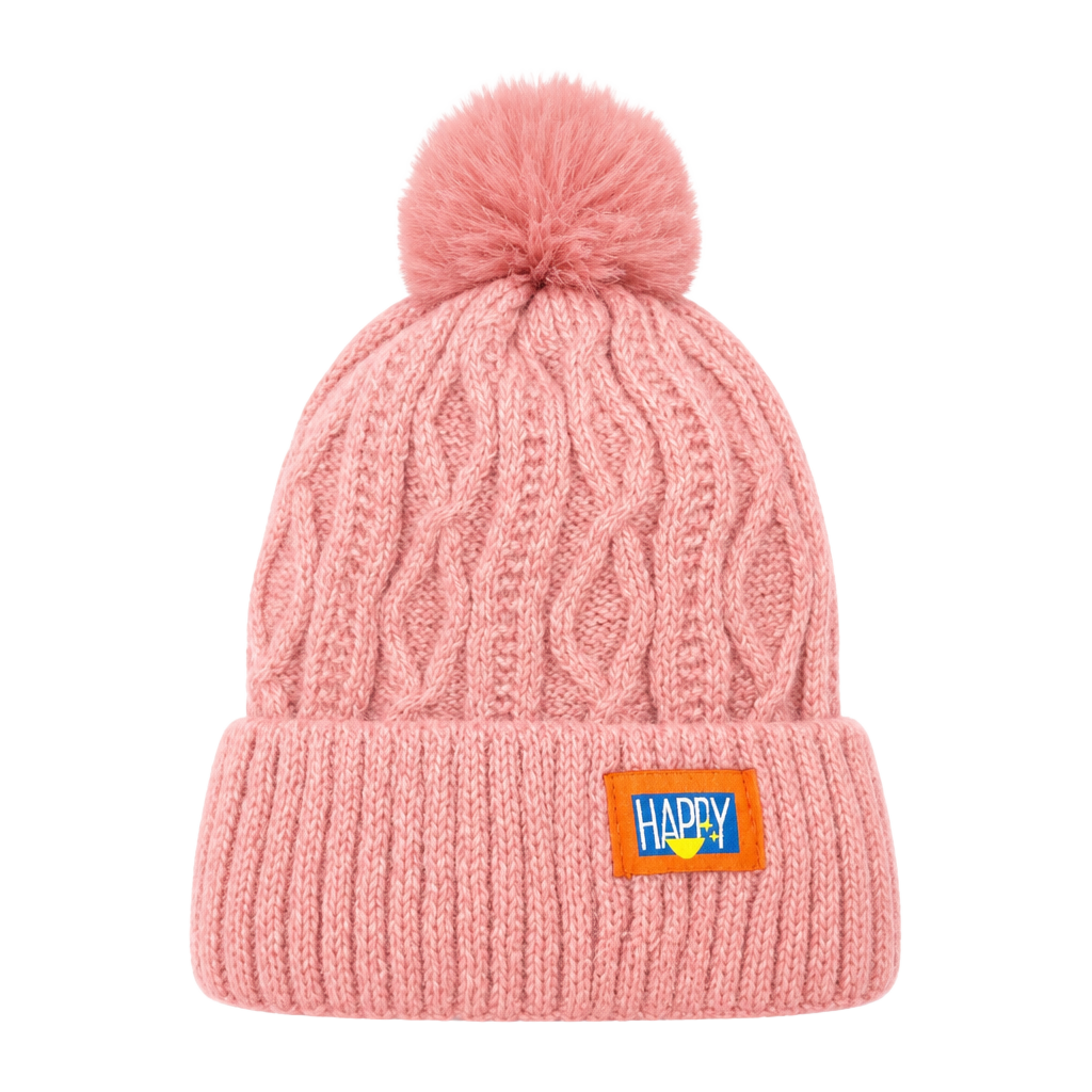 Hatastic Happy Embroidered Cable Knit Faux Fur Pom Pom Beanie 1