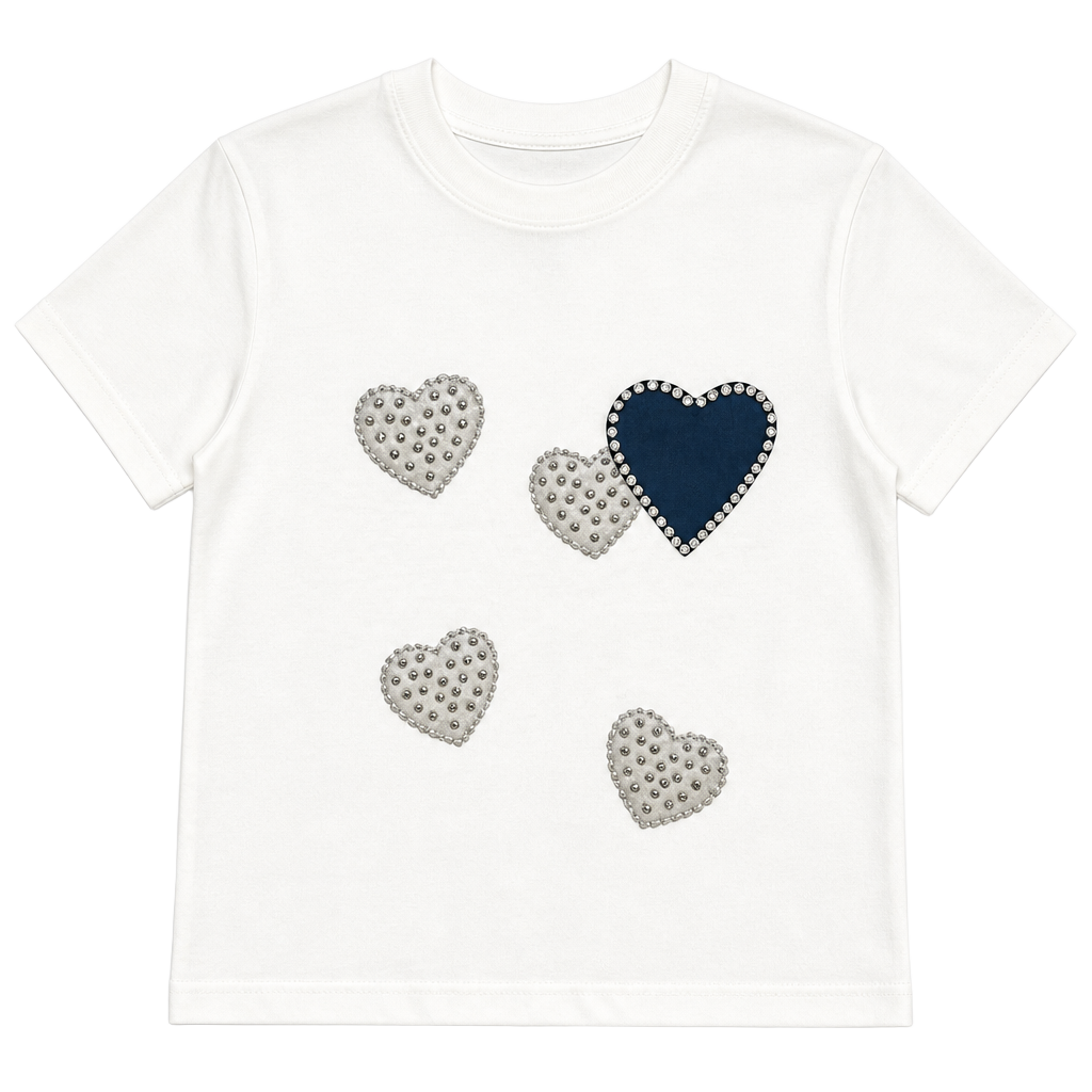 Bohologie Women's White Cotton T-Shirt with 3D Denim Heart Patch and Rhinestone Faux-Pearl Accents 1