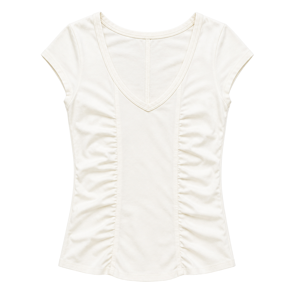 Free People Women's White Ruched V-Neck Short Sleeve Top SP 1