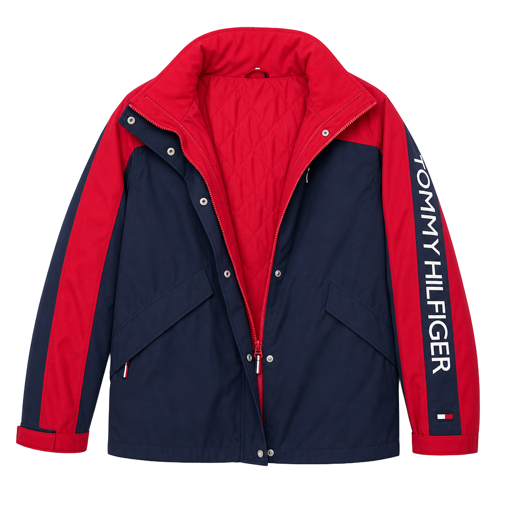 Tommy Hilfiger Women's 3-in-1 All Weather System Jacket in Red and Navy. Adjustable hood and hand cuffs, 2 zipper pockets and 2 zip-up sizes (see pic). 1