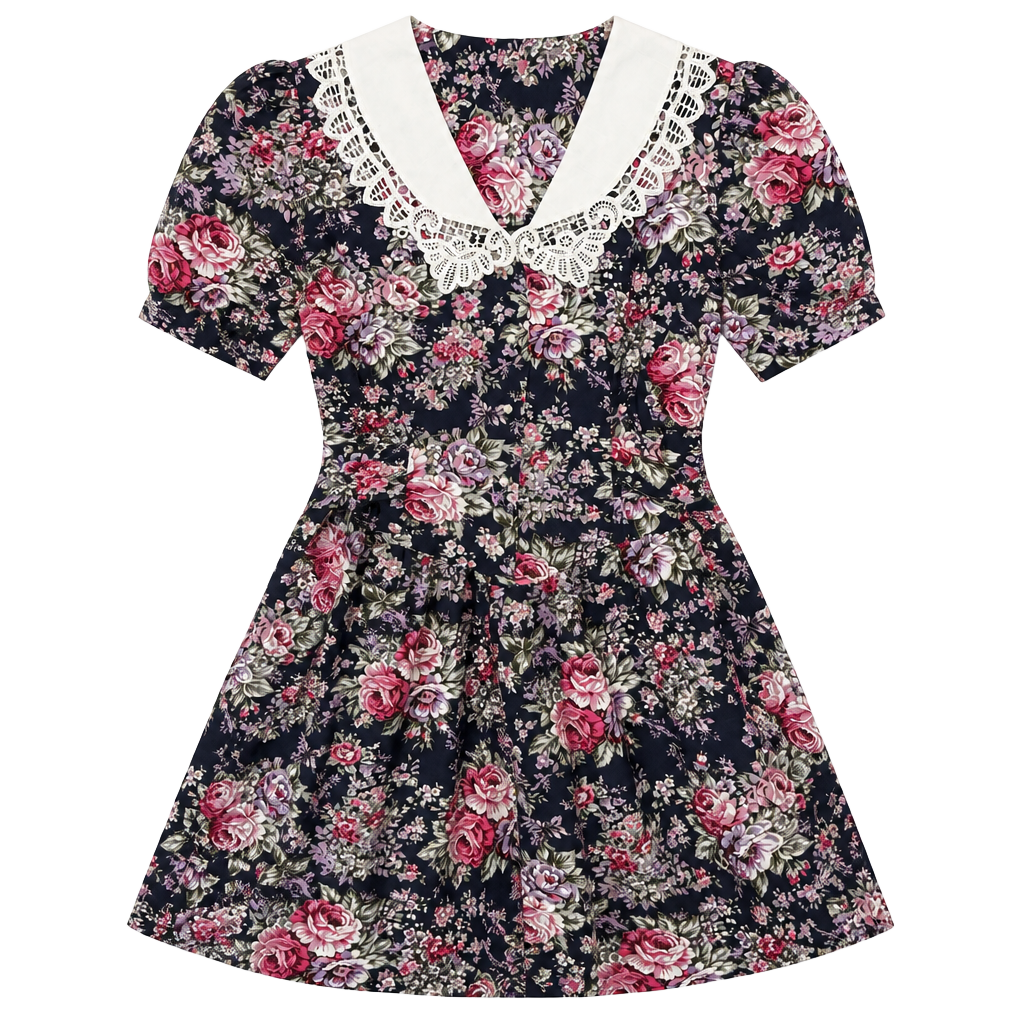 Vtg 80s Especially Yours Floral Midi Dress Lace Collar Cottagecore Prairie 15/16 1