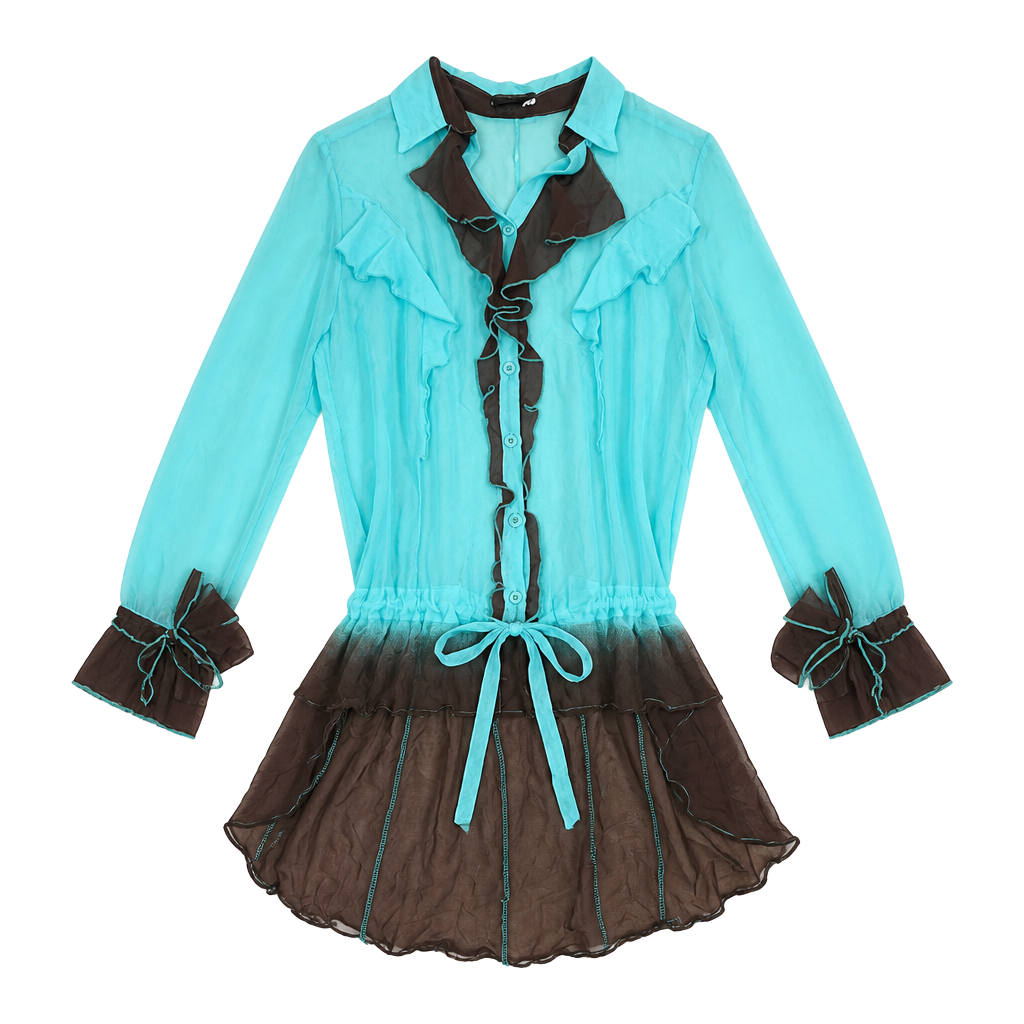 Vintage Silk Sonia Fortuna Turquoise Brown Ombre Ruffle Tunic Blouse Size Small 1