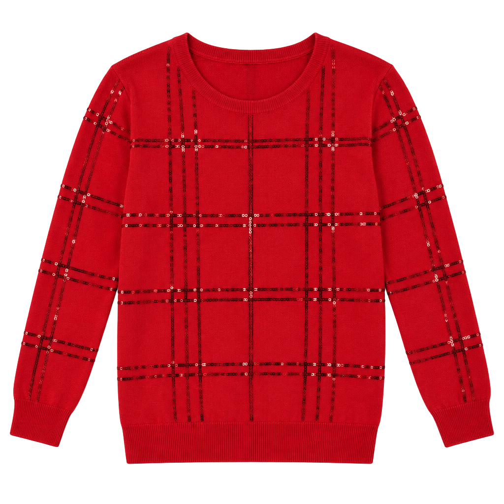 Denim & Co. Plaid Sequin Boat Neck Sweater Size XL Red 1