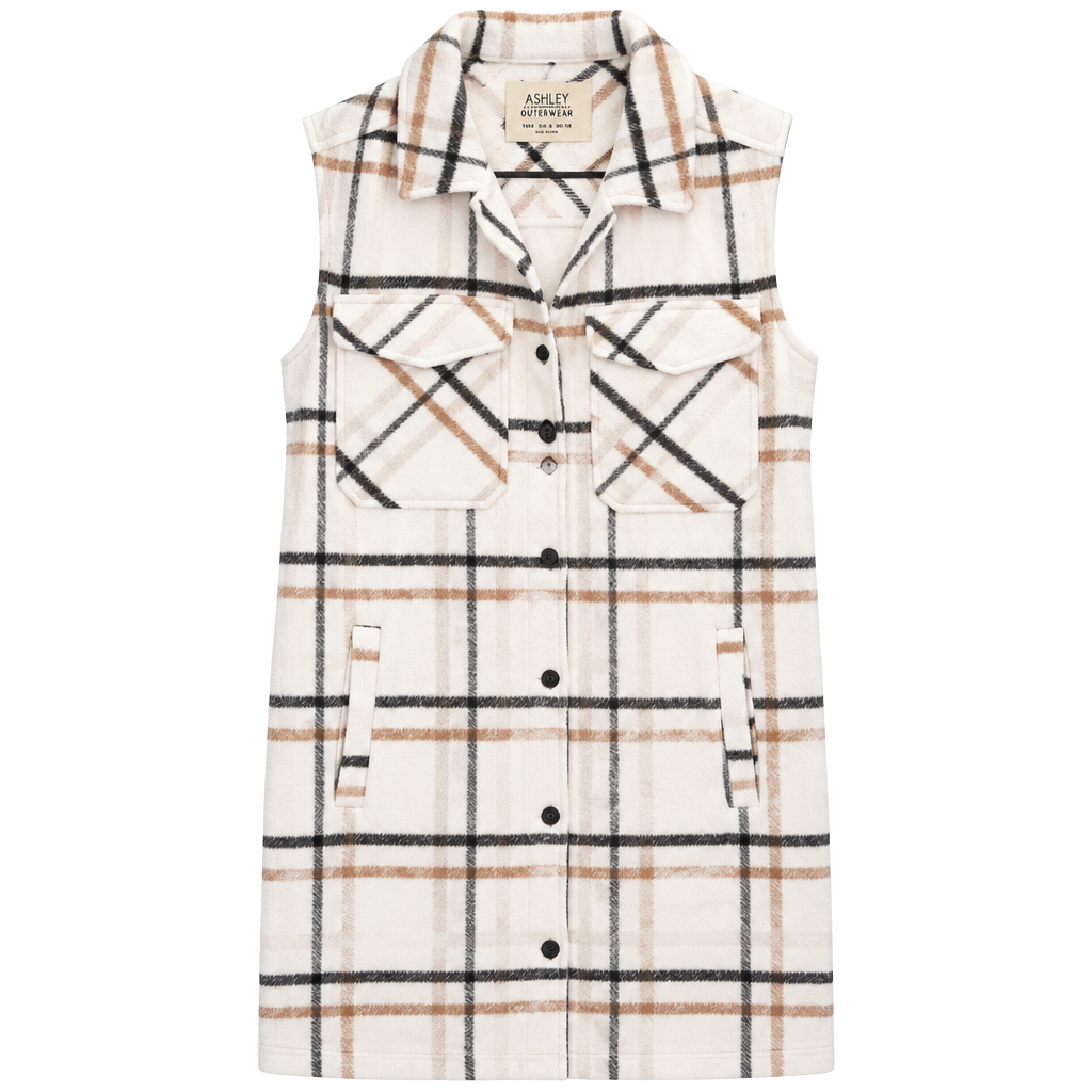 Ashley By 26 International Plaid Long Vest Size 8 White Fleece Shacket 1