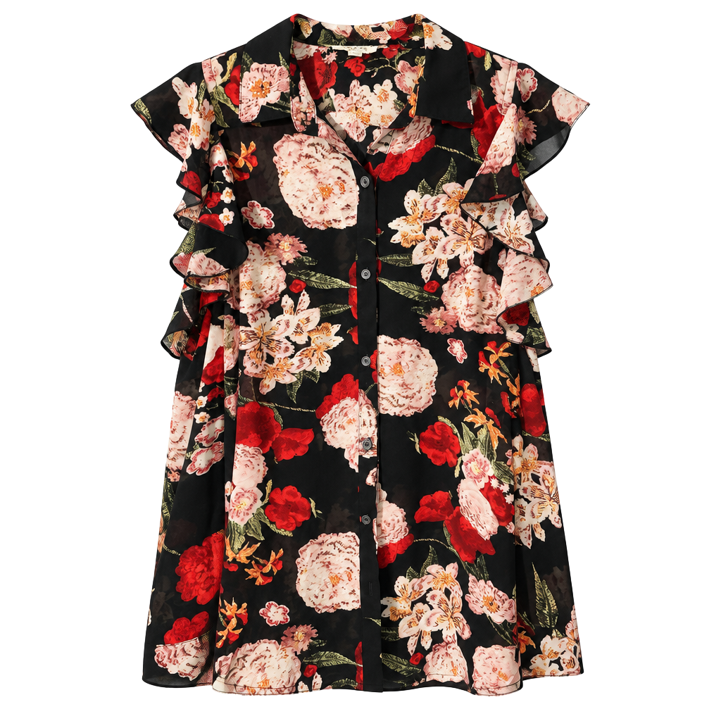 Umgee Floral Chiffon Blouse Size S Black Red Ruffle Sleeve Button Up 1