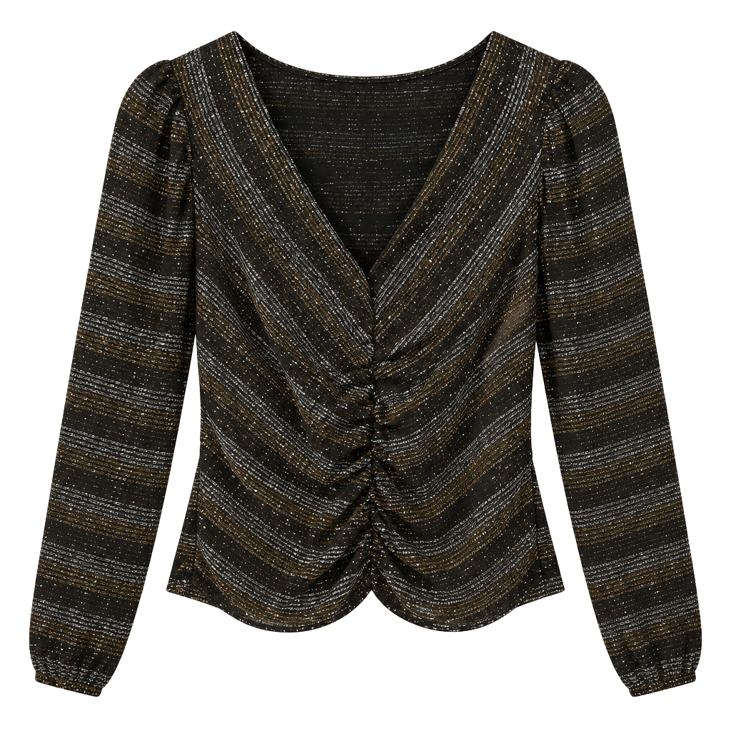 Stoplight California Blouse Size L Black Metallic Striped Long Sleeve V-Neck 1