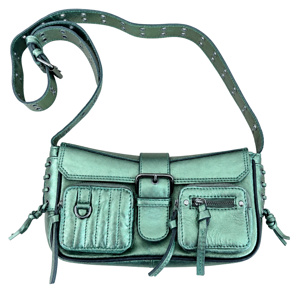 Free People High Speed Crossbody Bag in Metallic Green Leather Y2K 1