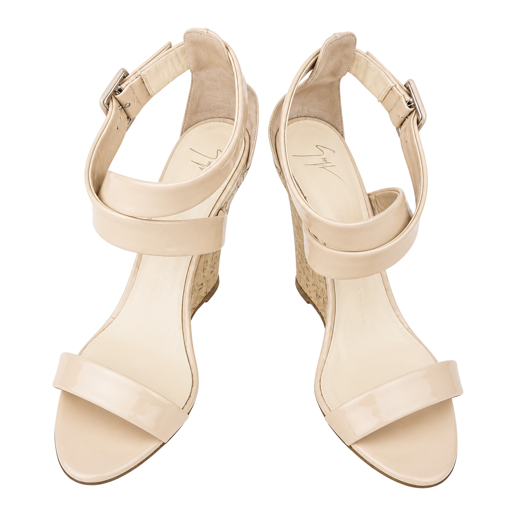 Giuseppe Zanotti Design Beige Patent Leather Cork Wedge Sandals 1