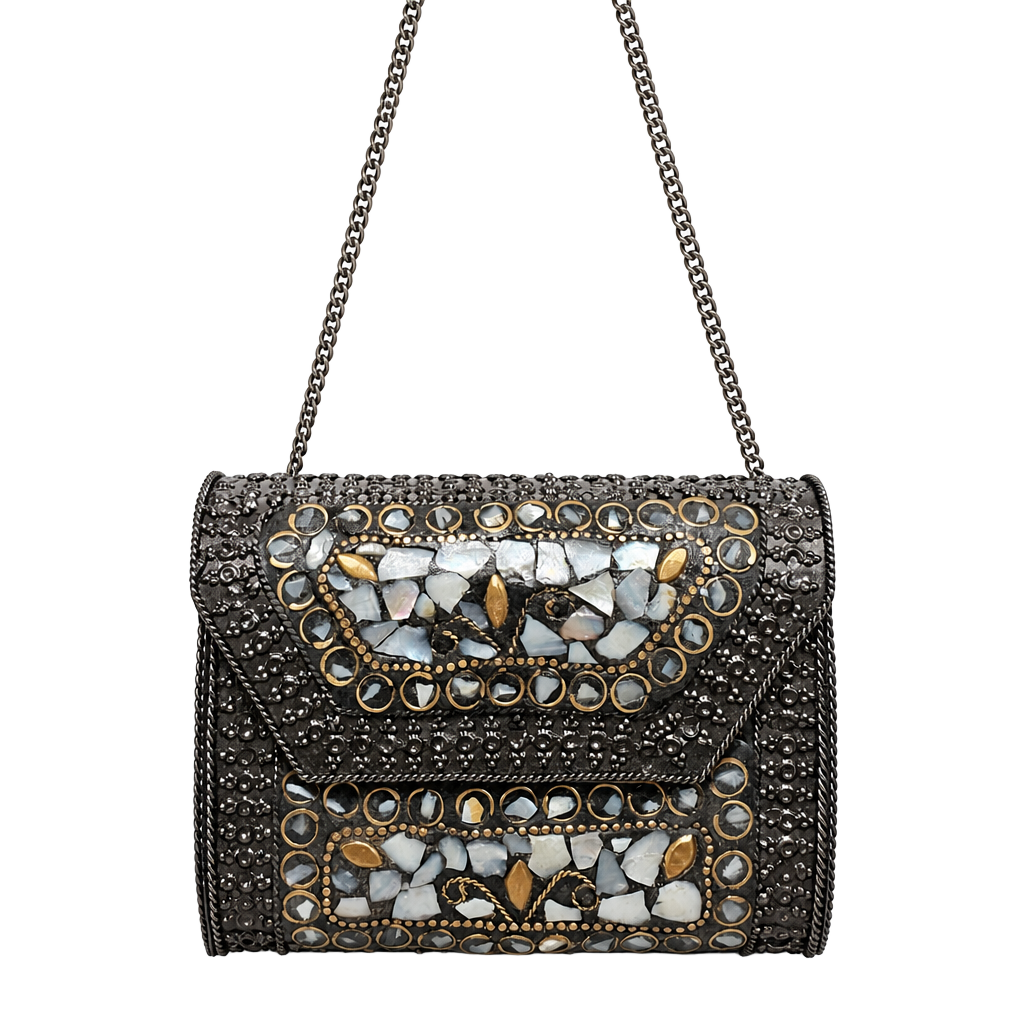 Handmade Mother of Pearl Mosaic Metal Box Ethnic Clutch Crossbody Bag 1
