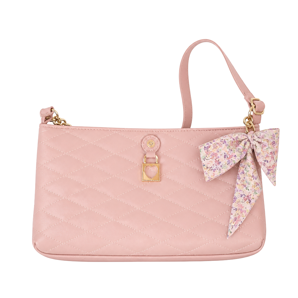 Betsey Johnson Pink Quilted Shoulder Bag Gold Chain Floral Bow 1