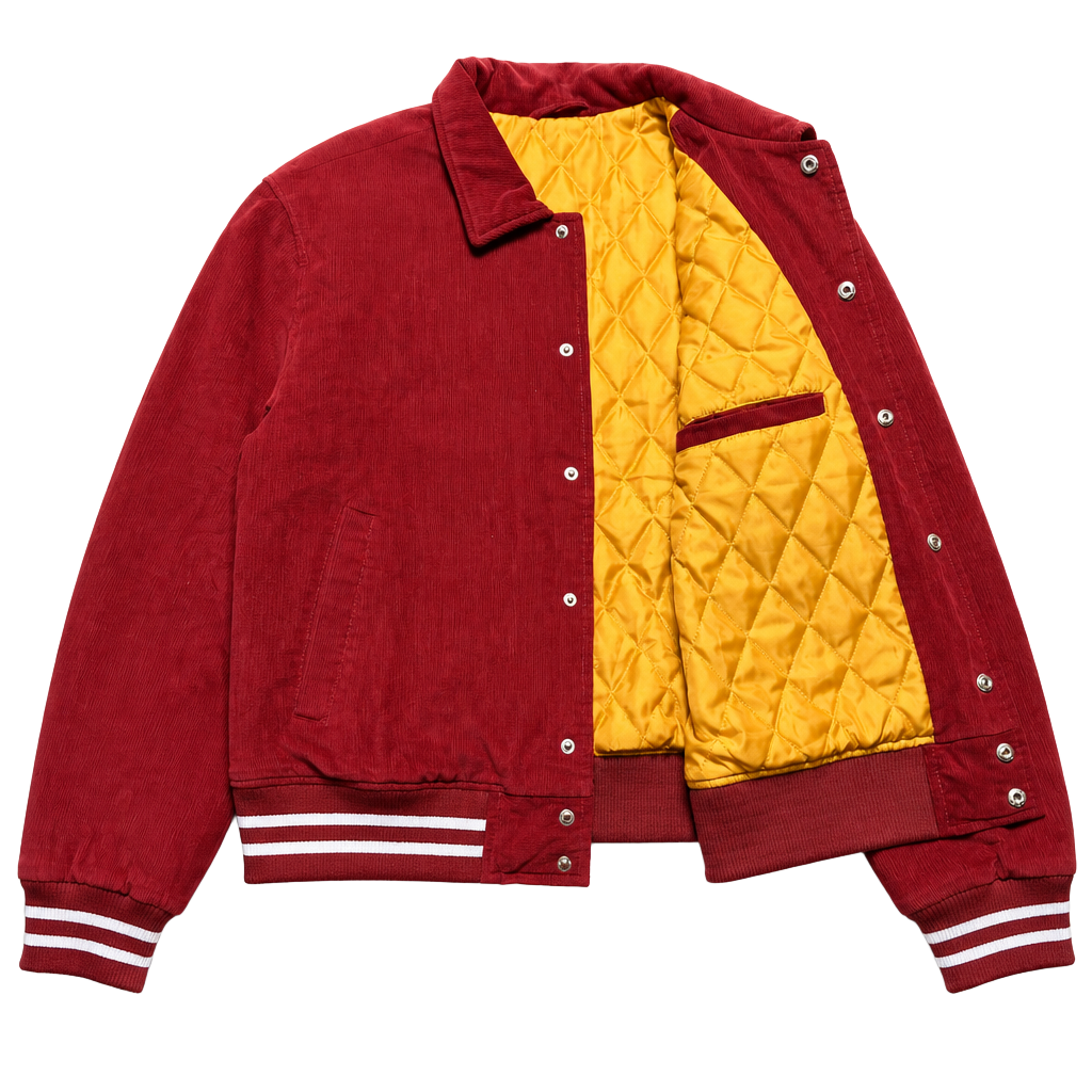Guess varsity burgundy jacket with gold quilted lining and patches Large
1