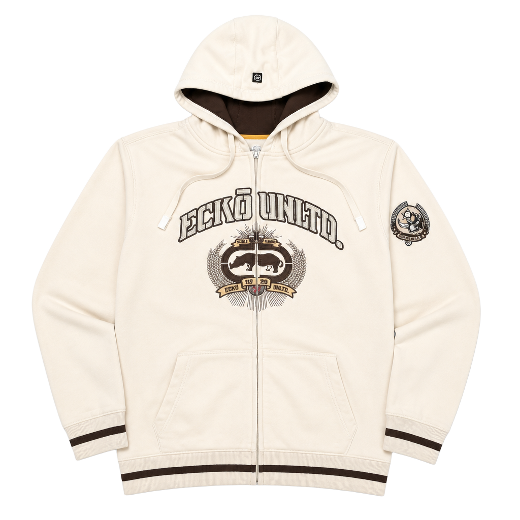 Ecko Unltd.biege zip up hoodie with embroidered logo and spellout X-large
1