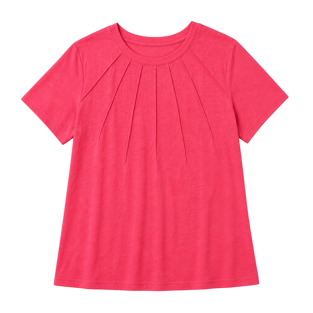 Rosvigor Women's Short Sleeve Pleated Crewneck Blouse in Coral Red 1