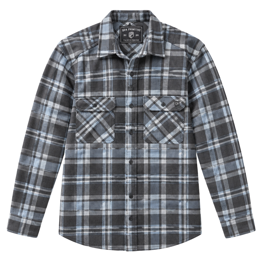 Born Primitive Flannel Shirt Size 3X-Large Gray Blue Plaid Long Sleeve Button-Up 1