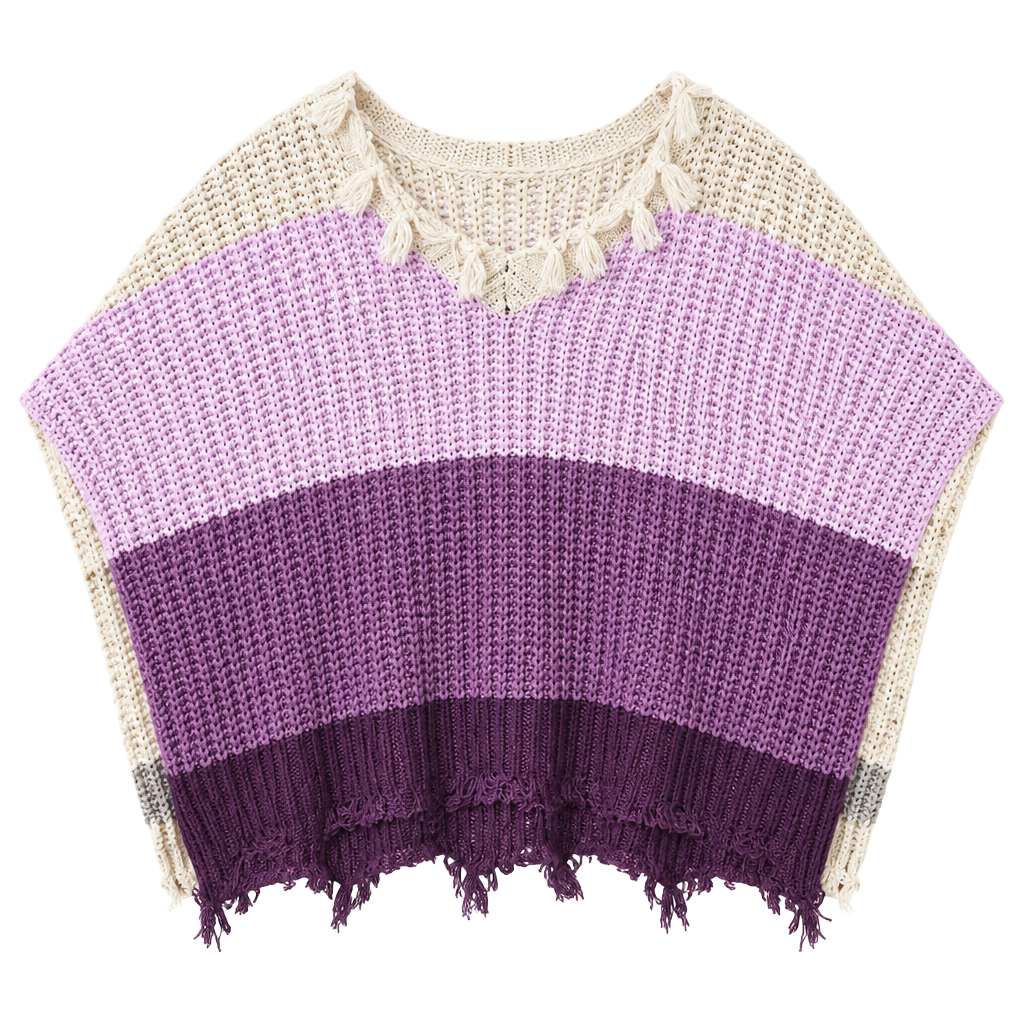La Miel Color Block Long Sleeve Sweater Size S/M Lavender White Gray Fringe 1