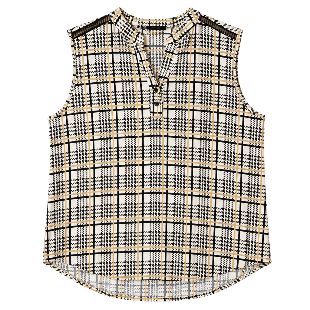 Cure. Womens 1XL Plaid Sleeveless Blouse Houndstooth Lace Inset Shoulder Top 1