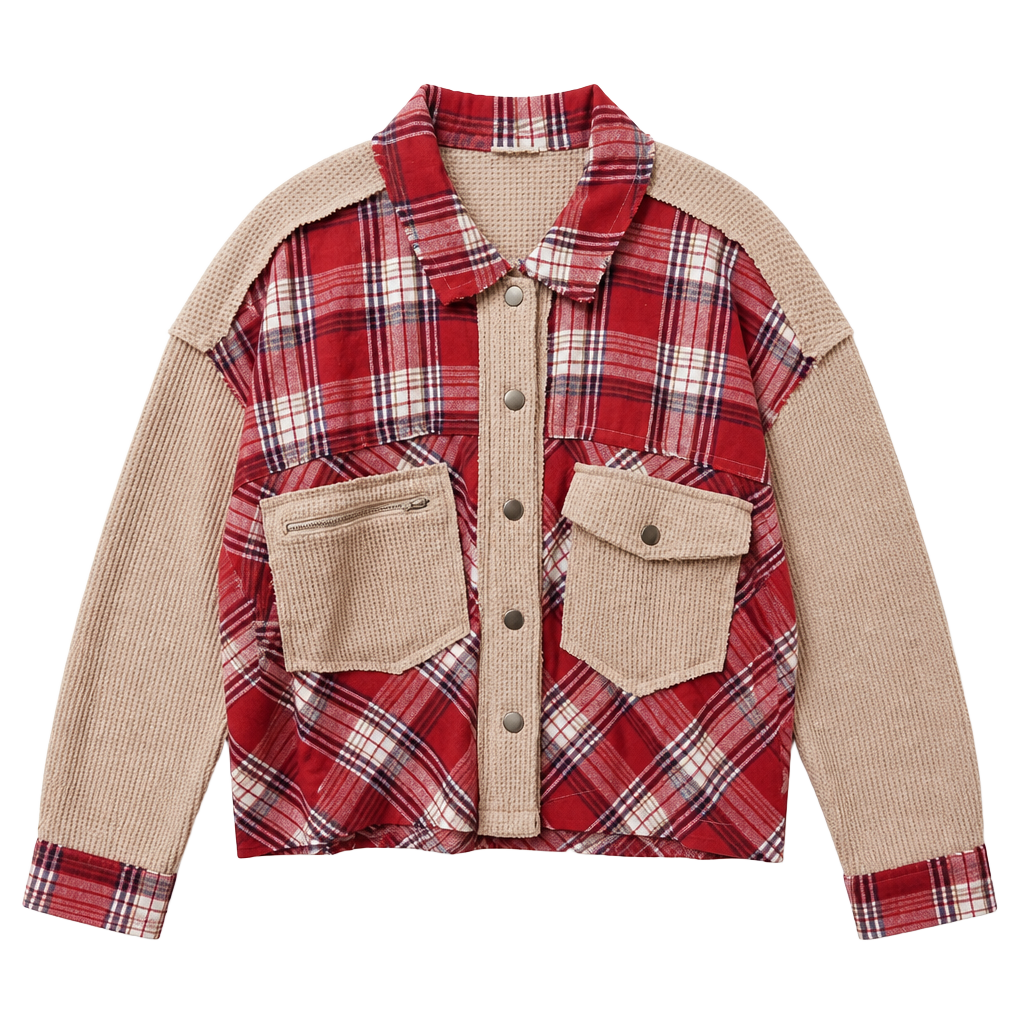 POL Plaid Mix N Match Jacket Size M Red Beige Thermal Shacket 1