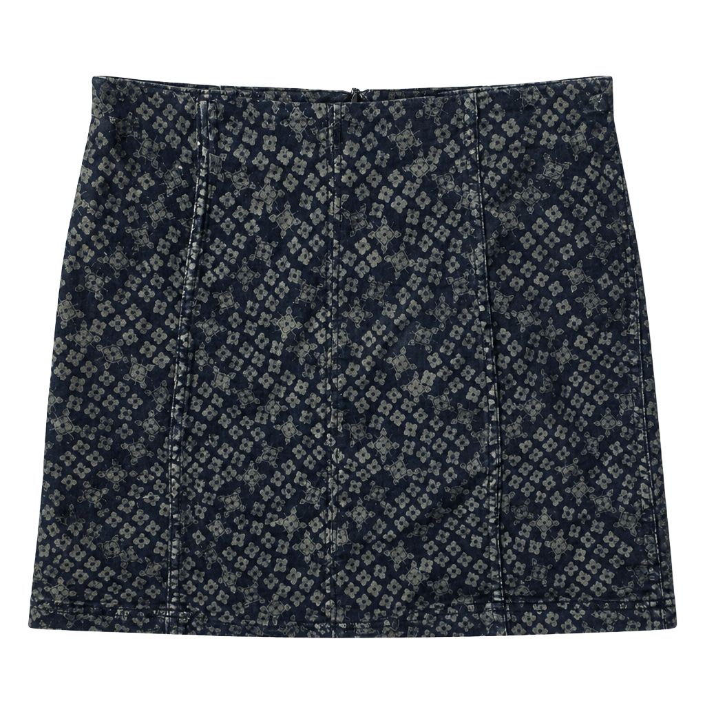 Free People Denim Mini Skirt Size 2 Blue Green Geometric Print 1