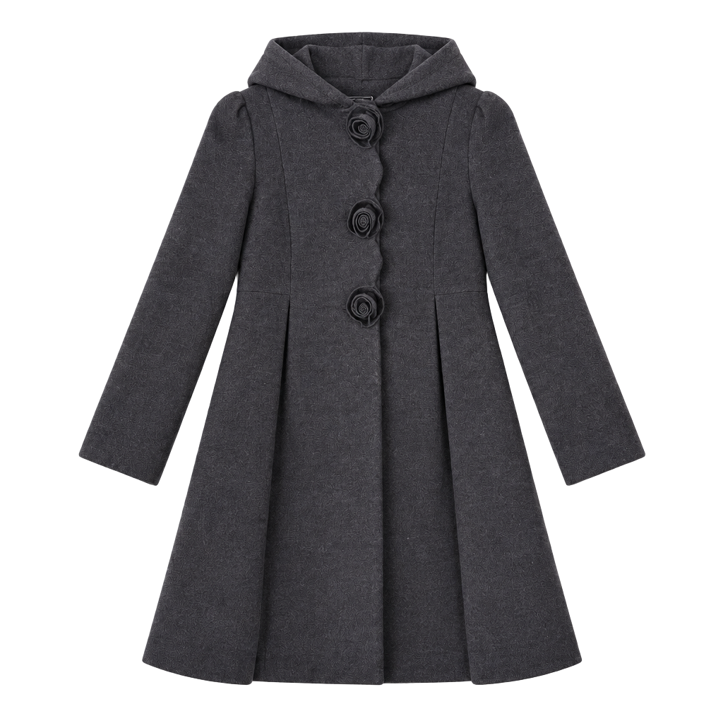 Rothschild Long Grey Hooded Faux Wool Rosette Buttons Dark Charcoal Girl's 14 1