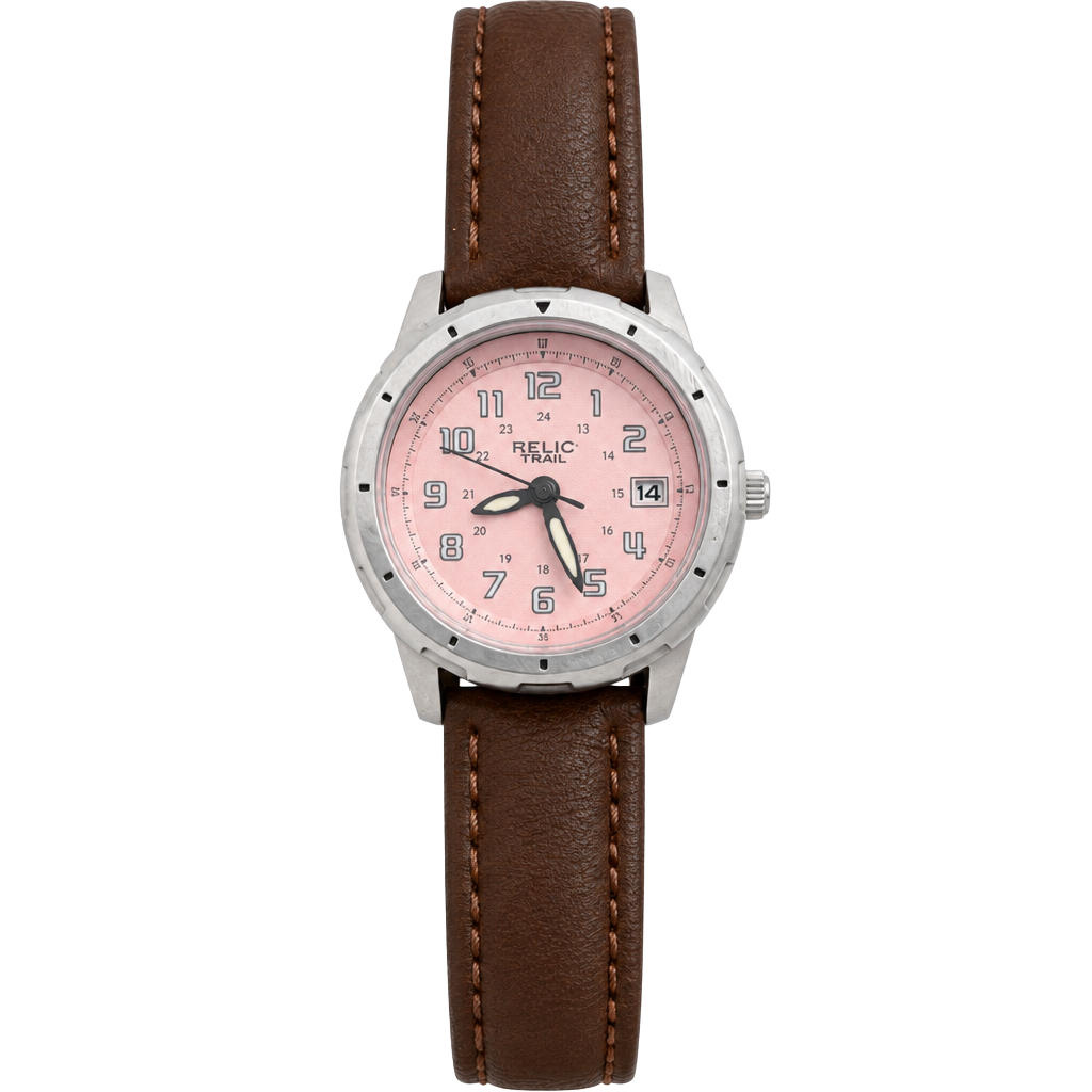 Relic Trail RT1022 Watch Pink Dial Brown Leather Strap
Will need a new battery 1