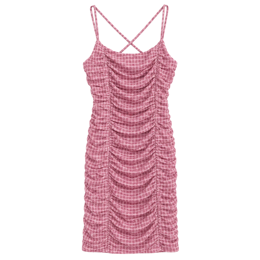 French Kiss Ruched Dress Size M Pink Gingham Mini Bodycon 1