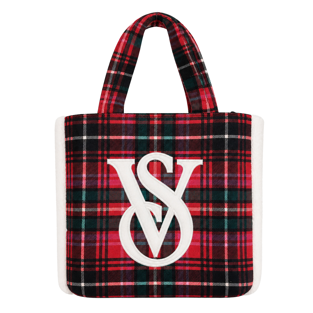 Victoria's Secret Plaid Tote Bag Red Tartan Sherpa Trim Holiday VS Logo 1